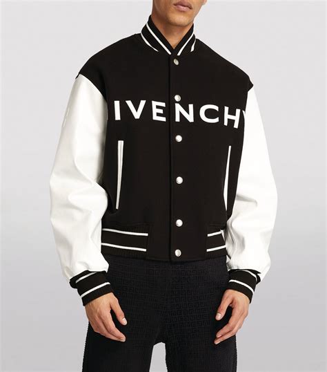 givenchy black leather moto jacket|Givenchy varsity bomber jacket.